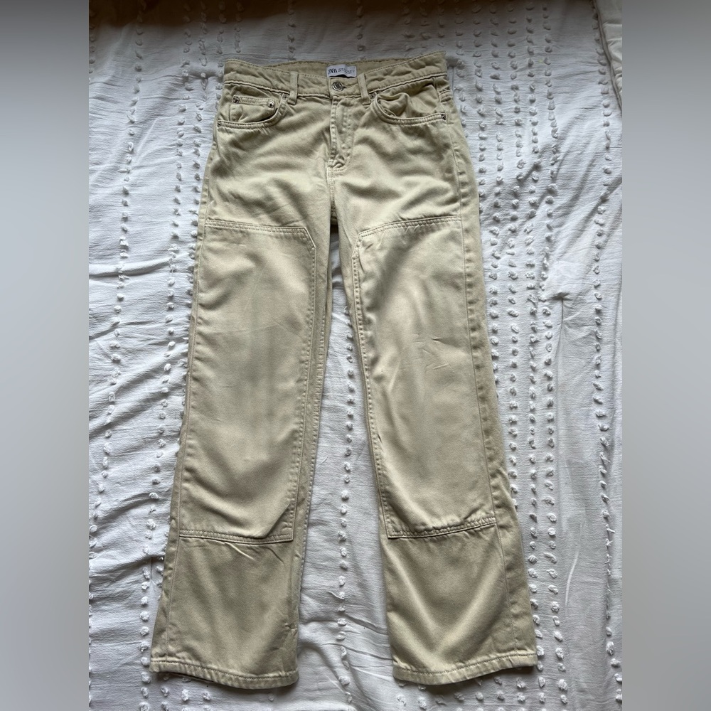 Beige Mid-Rise Zara Double Knee Patch Pants